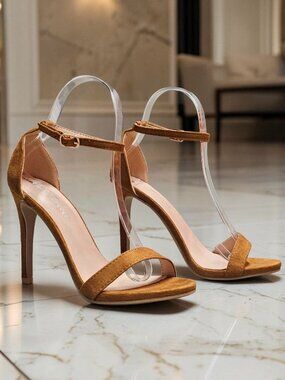 Tan Faux Suede Ankle Strap High Heel Sandals For Women